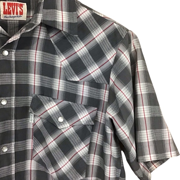Vintage Levi's The Cowboys‎ Tailor Pearl Snap Gray Plaid Shirt M - Picture 2 of 8